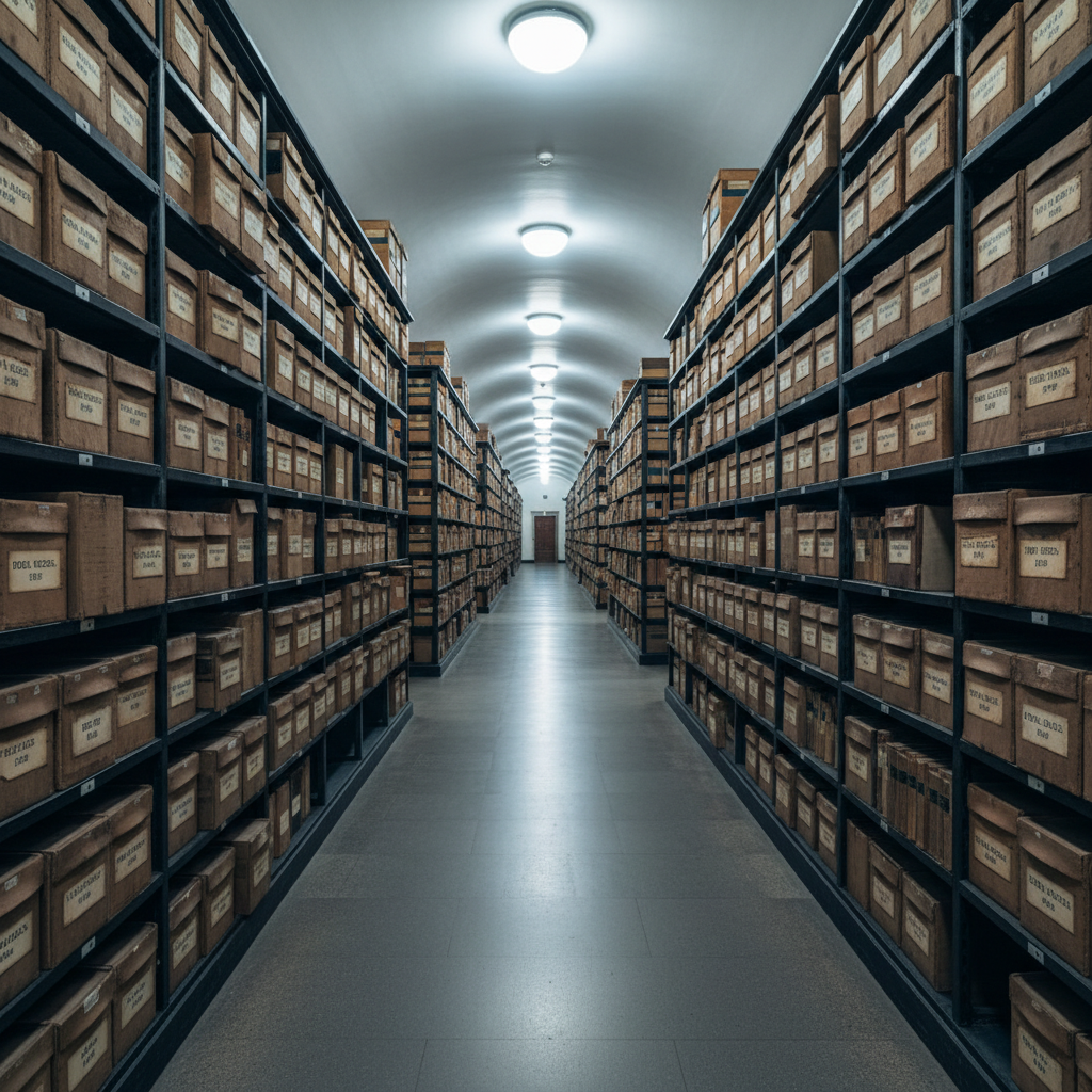 A long, panoramic photographic realism view of towering archival shelves in a historical central bank vault. Rows of neatly labeled, dusted archival boxes and leather-spined volumes stretch into the distance, each spine marked with years and topics like trade balances, gold reserves, and crisis reports. The corridor floor is matte stone, subtly reflective. Cool, focused ceiling lights run in a line overhead, casting rhythmic pools of light and soft linear shadows that emphasize depth. The camera is placed at eye level, looking straight down the corridor with strong leading lines drawing the eye to a softly blurred vanishing point. The atmosphere is quiet, serious, and methodical, conveying the vast raw material behind economic analysis and financial history research.