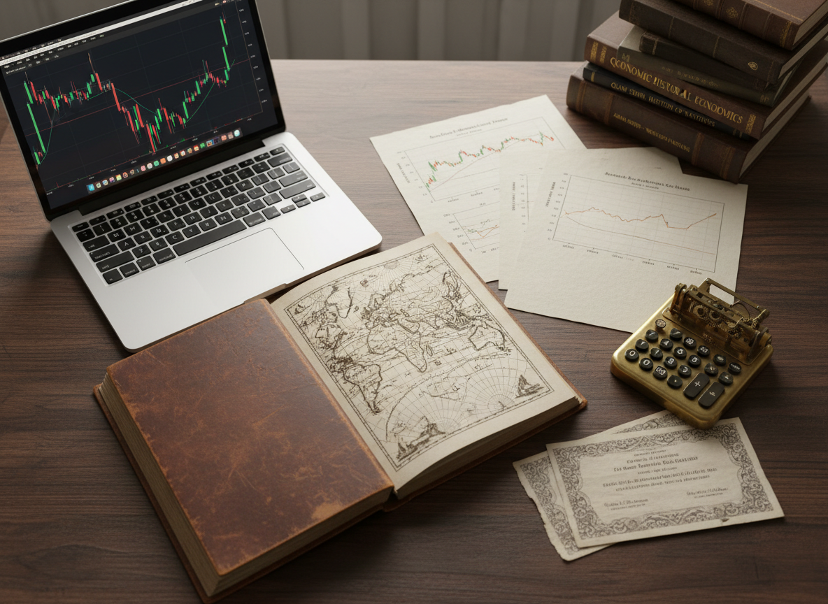 A meticulously arranged flat lay of economic history research materials on a dark walnut desk, captured in photographic realism. An open vintage-style hardback book displays a hand-drawn world trade map, beside crisp printed charts of stock indices from different centuries with clearly labeled axes. A brass mechanical calculator and aged bond certificates with intricate borders rest near a modern slim laptop showing a candlestick chart. Soft, diffused daylight from an unseen window to the left creates gentle highlights on the paper textures and subtle reflections on the calculator. The background falls into a mild bokeh of stacked financial journals and leather-bound volumes. Shot from a bird’s-eye view with sharp focus across the scene, the mood is analytical, calm, and professional, evoking deep, independent market research across time.