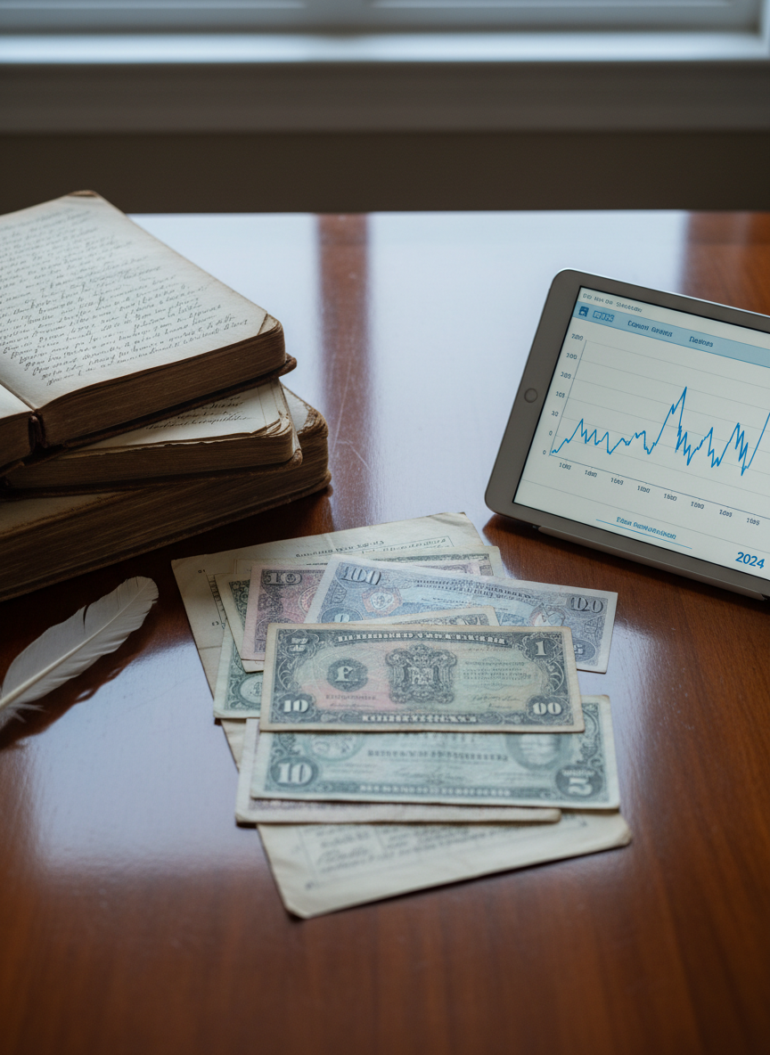 A close-up photographic realism scene of a polished mahogany table displaying a chronological spread of currency and financial instruments. On the left, worn leather-bound ledgers lie open, revealing neat handwritten entries of 18th-century trade balances. In the center, colorful banknotes from different eras and countries overlap with engraved stock certificates and a faded shipping manifest. On the right, a modern tablet shows a clean line graph of long-term interest rates. Cool, overcast window light from above and behind creates soft, even illumination with gentle shadows accentuating paper textures and embossing. Captured at a slightly elevated angle using the rule of thirds, the composition feels orderly and contemplative, emphasizing the evolution of capital markets and monetary systems over time.